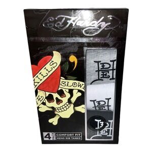 Ed Hardy ~ Men's 4-Pack T-Shirts Rib Tanks Undershirts‎ Black Gray White ~ L